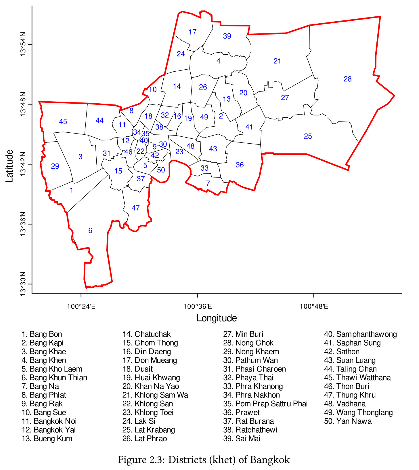 Open Geospatial Data for Sustainability:Exploring and visualising with R: Boundaries: Districts (khet) of Bangkok. The following code creates a plot of the districts of Bangkok (administrative level-3
divisions, also called khet in Thai) (Figure 2.3). For another reference on the districts in Bangkok, see Figure 1 in Singkran and Kandasamy (2016).