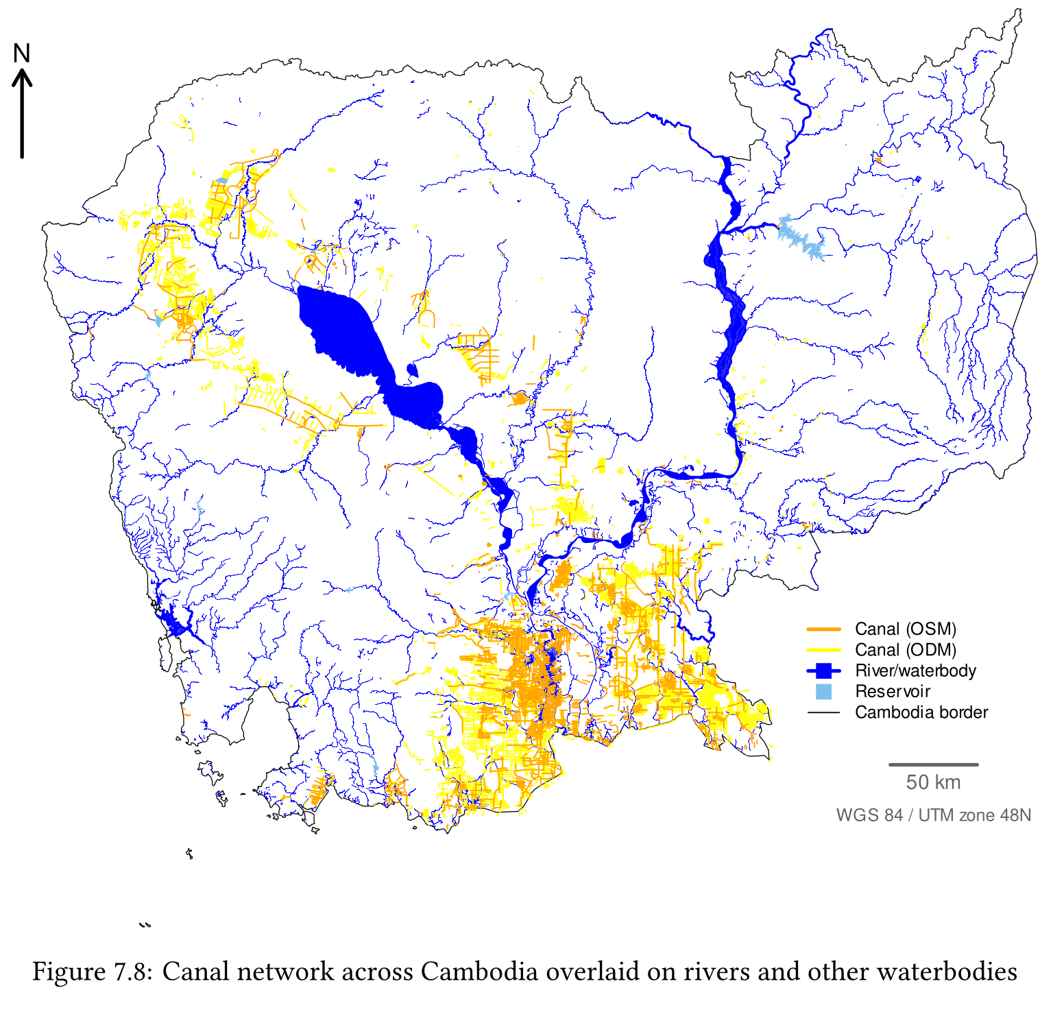 Open Geospatial Data for Sustainability:Exploring and visualising with R: Infrastructure: Canal network across Cambodia overlaid on rivers and other waterbodies
