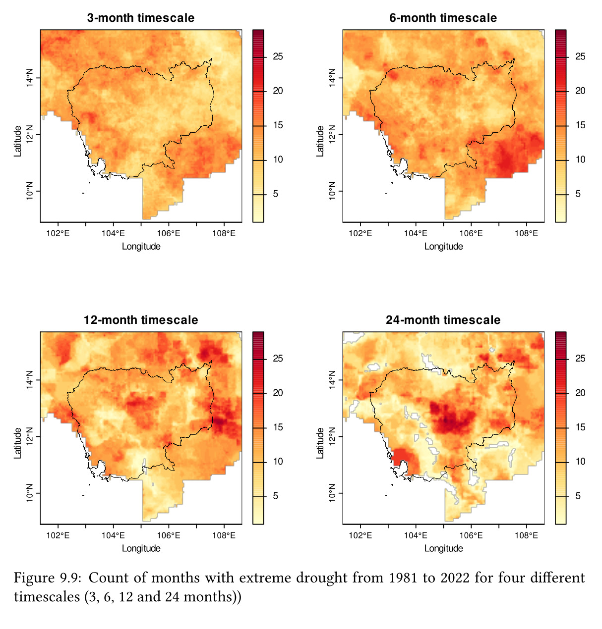 Open Geospatial Data for Sustainability:Exploring and visualising with R: floods and droughts/exposure: Count of months with extreme drought from 1981 to 2022 for four different timescales (3, 6, 12 and 24 months))