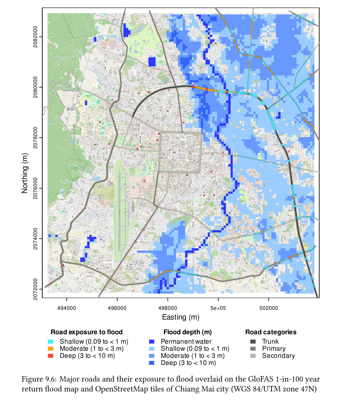 Open Geospatial Data for Sustainability:Exploring and visualising with R: floods and droughts/exposure: Major roads and their exposure to flood overlaid on the GloFAS 1-in-100 year return flood map and OpenStreetMap tiles of Chiang Mai city (WGS 84/UTM zone 47N)