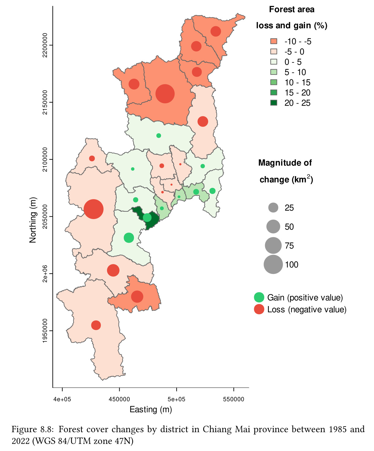 Open Geospatial Data for Sustainability:Exploring and visualising with R: Land Cover and Land Use: Forest cover changes by district in Chiang Mai Province between 1985 and 2022 (WGS 84/UTM zone 47N)