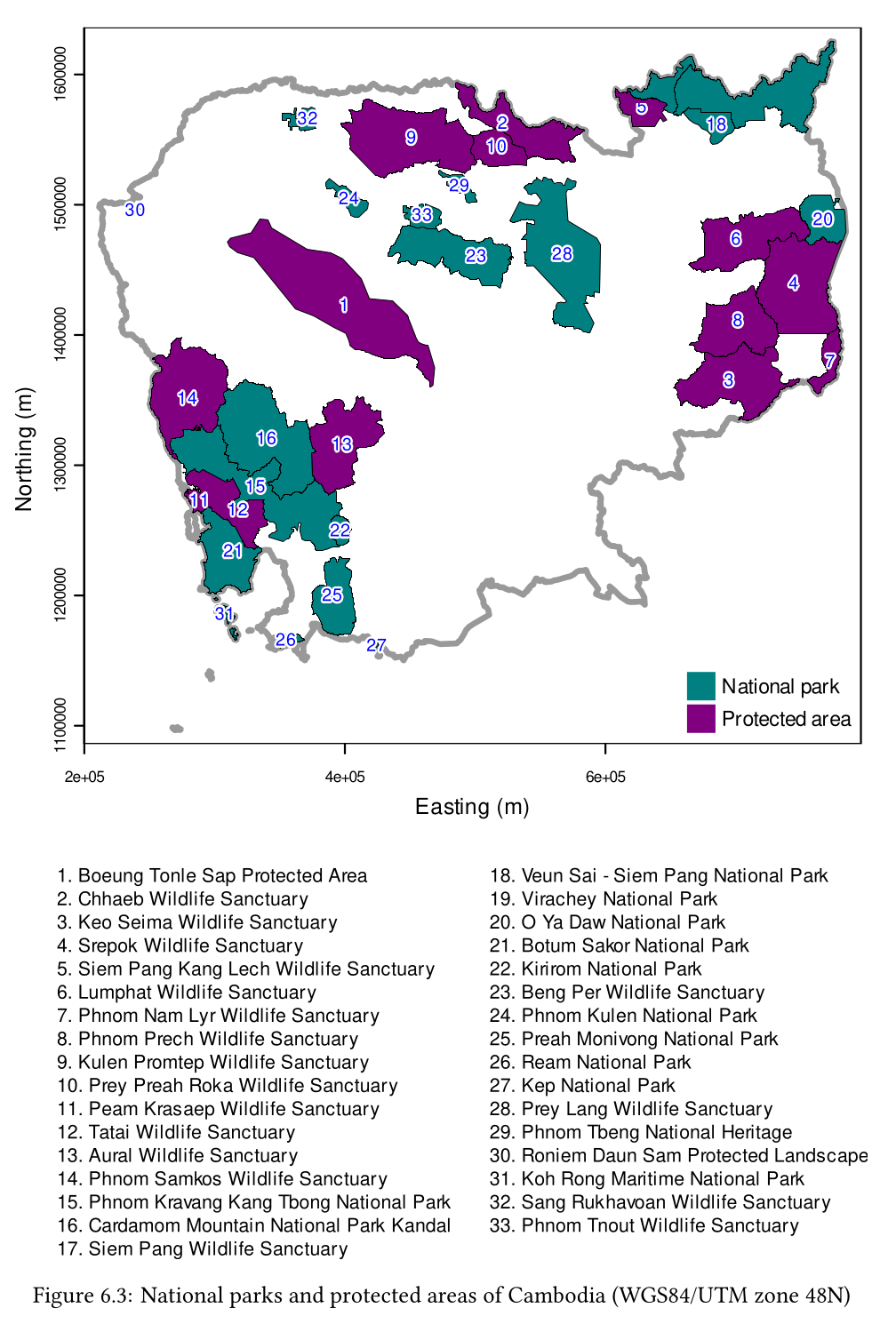 Open Geospatial Data for Sustainability:Exploring and visualising with R: Biodiversity Conservation: National parks and protected areas of Cambodia (as categorised in the OSM
database) (WGS84/UTM zone 48N)