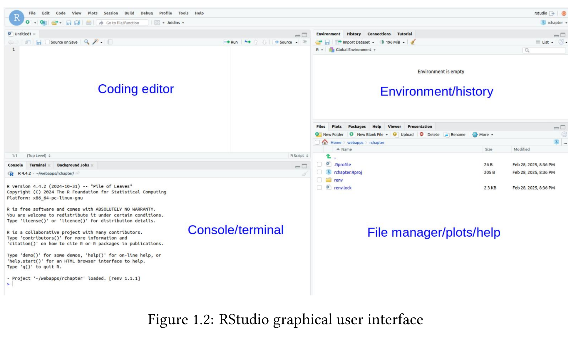 RStudio provides a convenient graphical user interface for R coding Code can be run under the Console tab or from the coding editor.