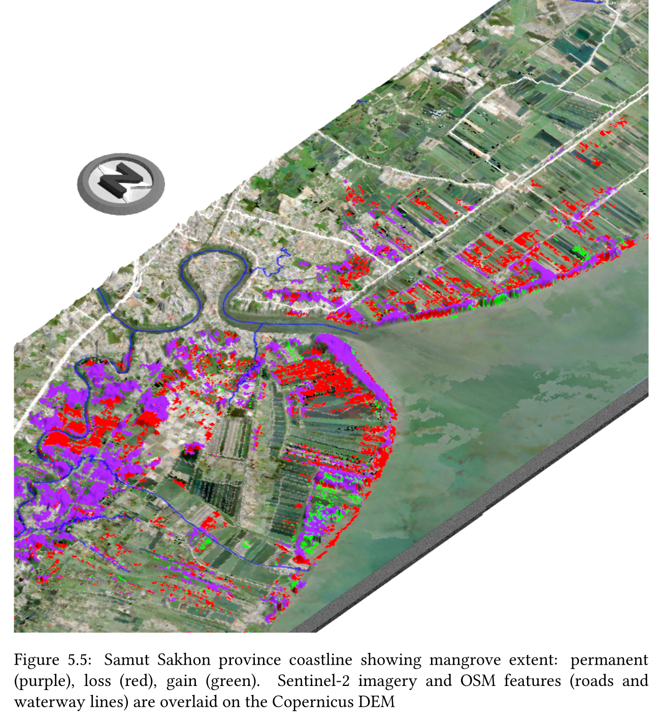 Open Geospatial Data for Sustainability:Exploring and visualising with R: Mangroves: Samut Sakhon province coastline showing mangrove extent: permanent (purple), loss (red), gain (green). Sentinel-2 imagery and OSM features (roads and waterway lines) are overlaid on the Copernicus DEM